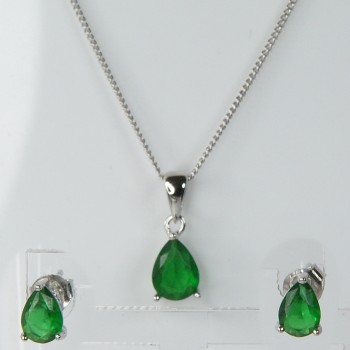 Sterling Silver/Emerald Teardrop Stud Earrings and Pendant Set